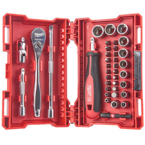 Súprava 1/4" račne, skrutkovača a hlavíc – 38 ks